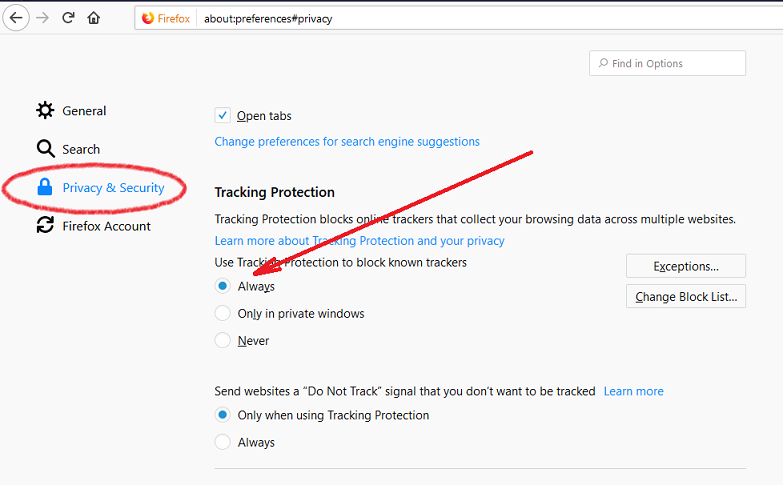 Changing Tracking Protection Settings